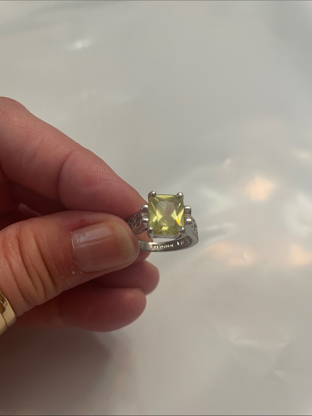 Lia Sophia Silver Ring with Square Lemon-Green Stone